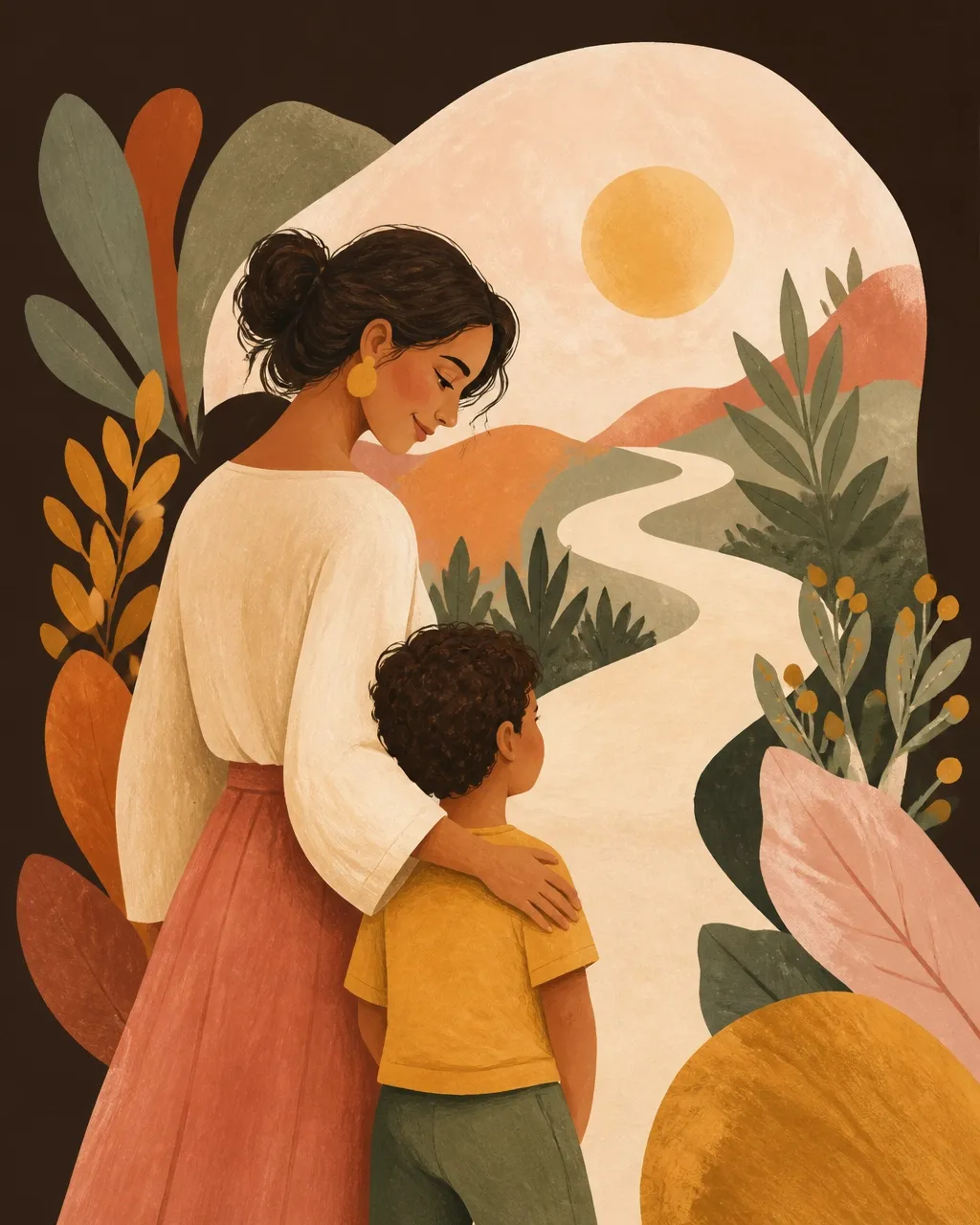 A mother and child walking a winding path together